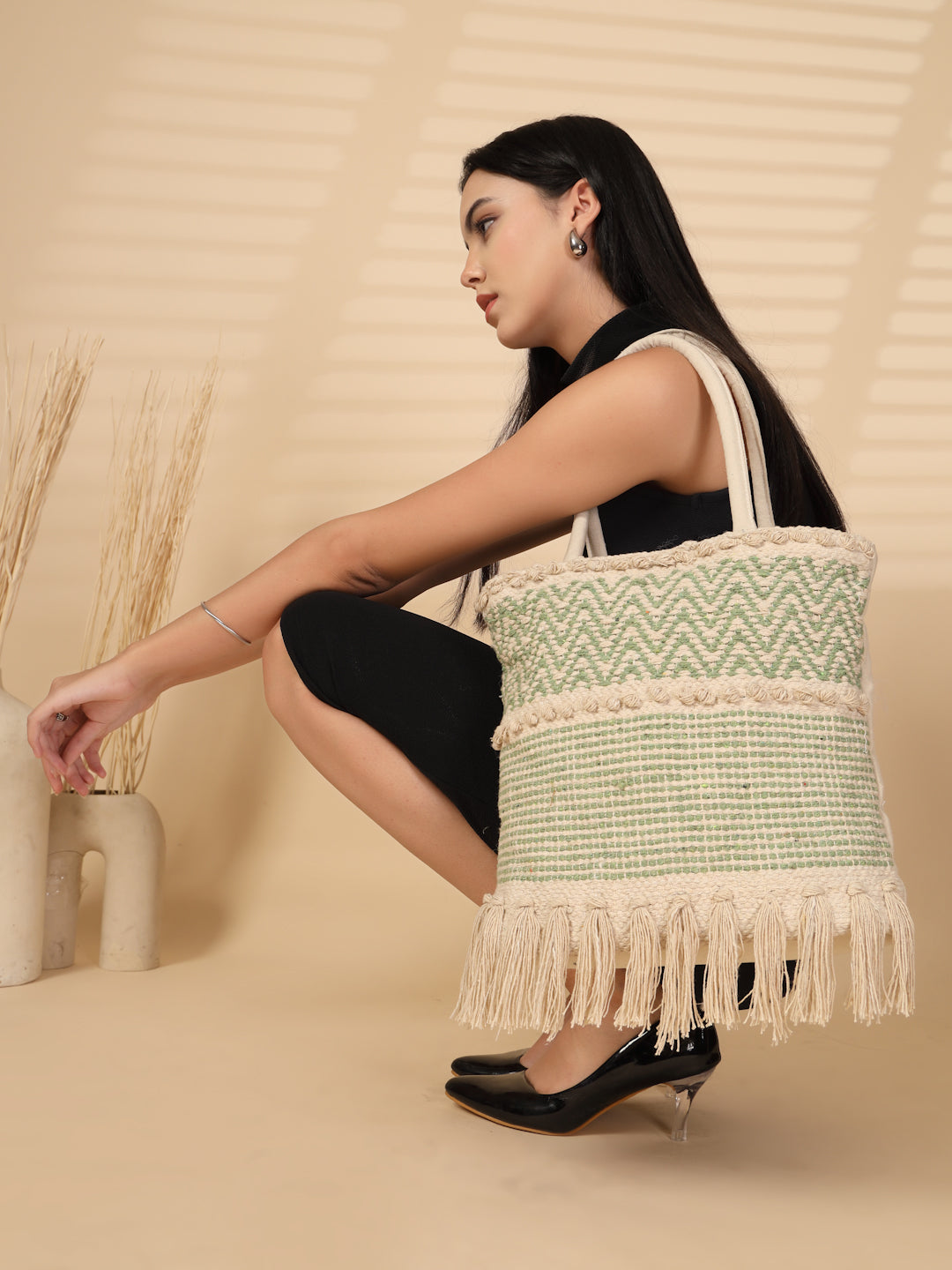 Ensac Women’s Boho Fringe Tote Bag | Woven Shoulder Bag for Versatile Styling