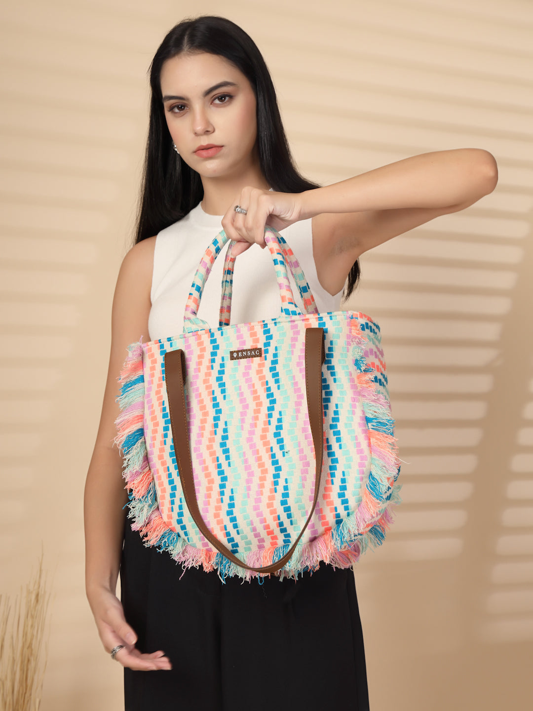 Ensac Women's Fringed Canvas Bag | Boho Vibes Multicolor Shoulder & Tote Style
