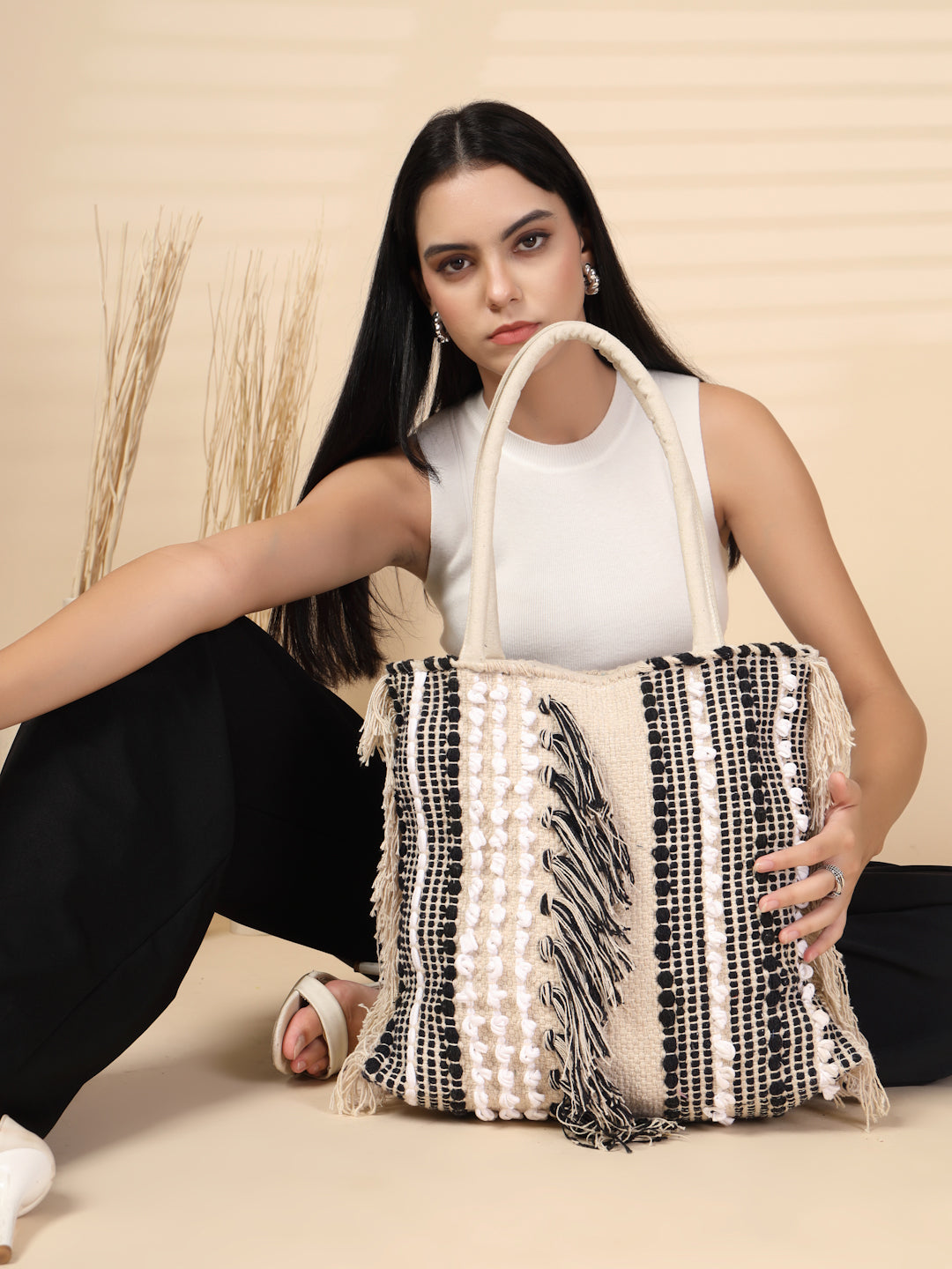 Ensac Boho Tote Bag for Women | Woven Texture with Fringe & Striped Design