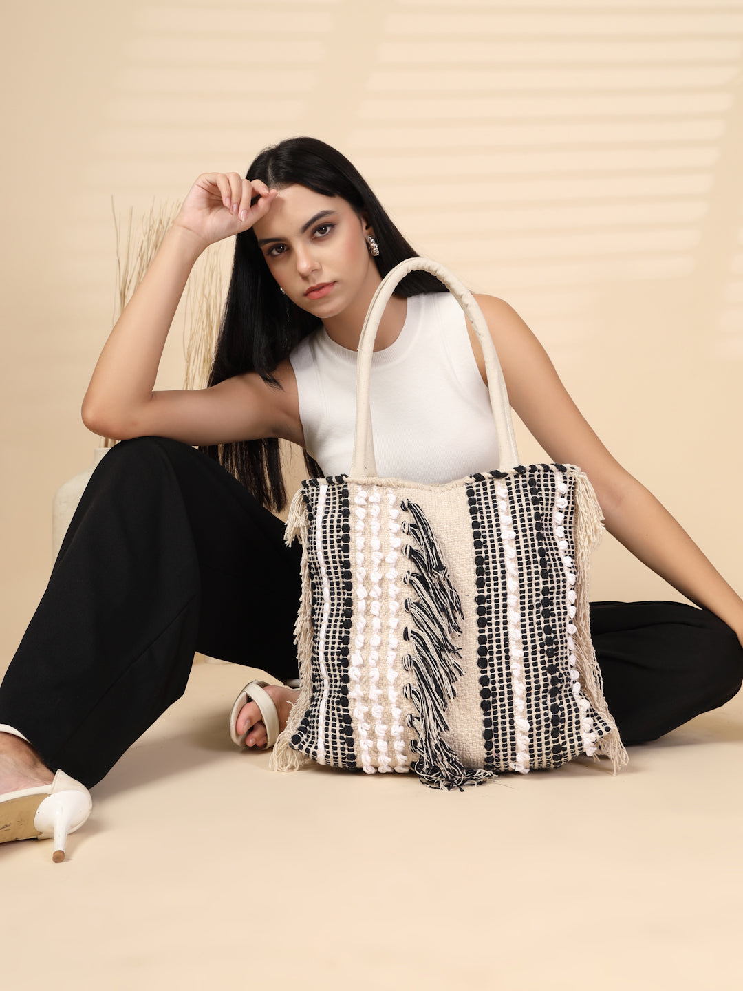 Ensac Boho Tote Bag for Women | Woven Texture with Fringe & Striped Design