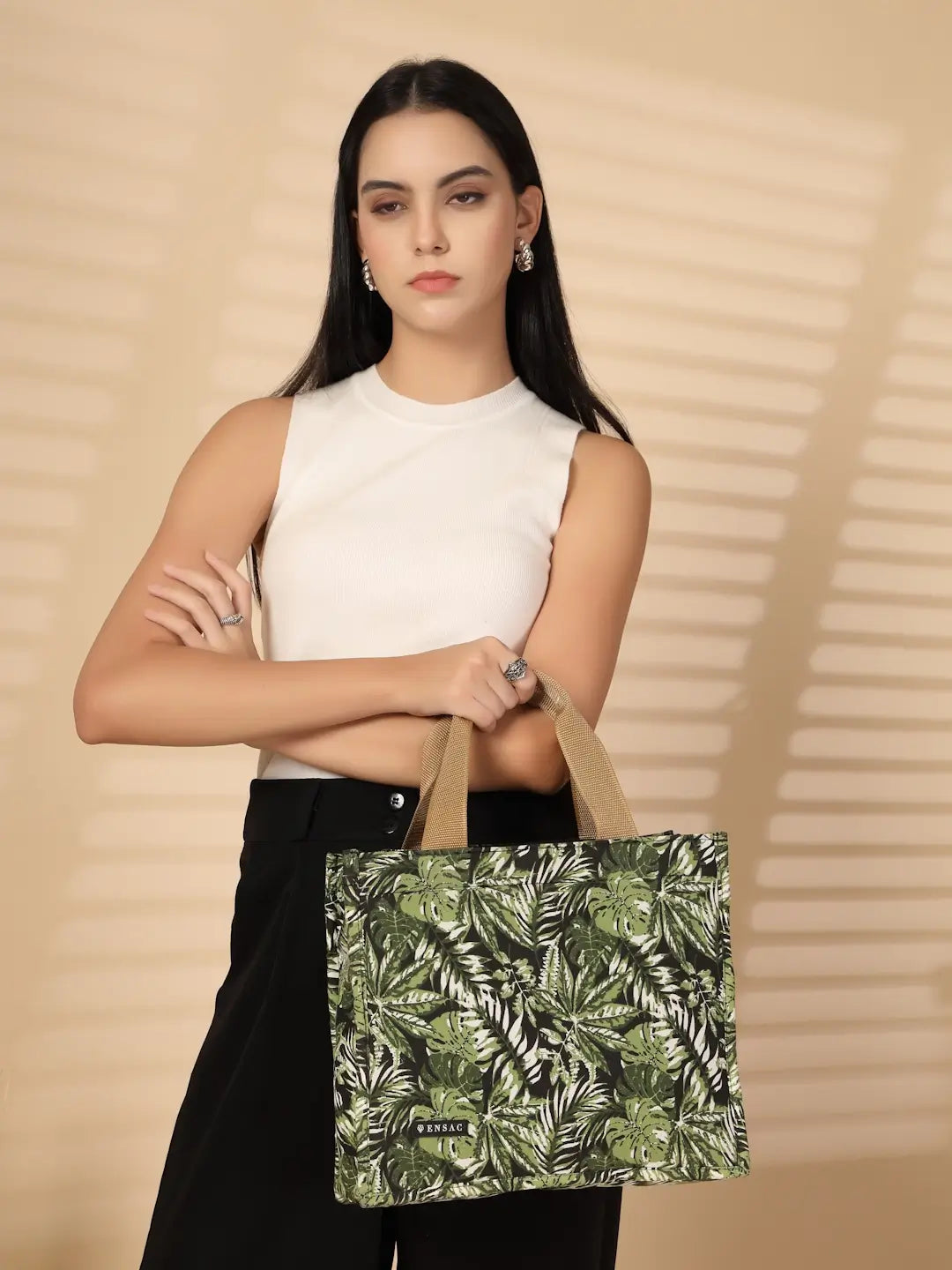 Ensac Women’s Beach Vibes Tote Bag | Stylish Summer Handbag for Travel & Outing-MUNCH-LEAVES-GREEN-1