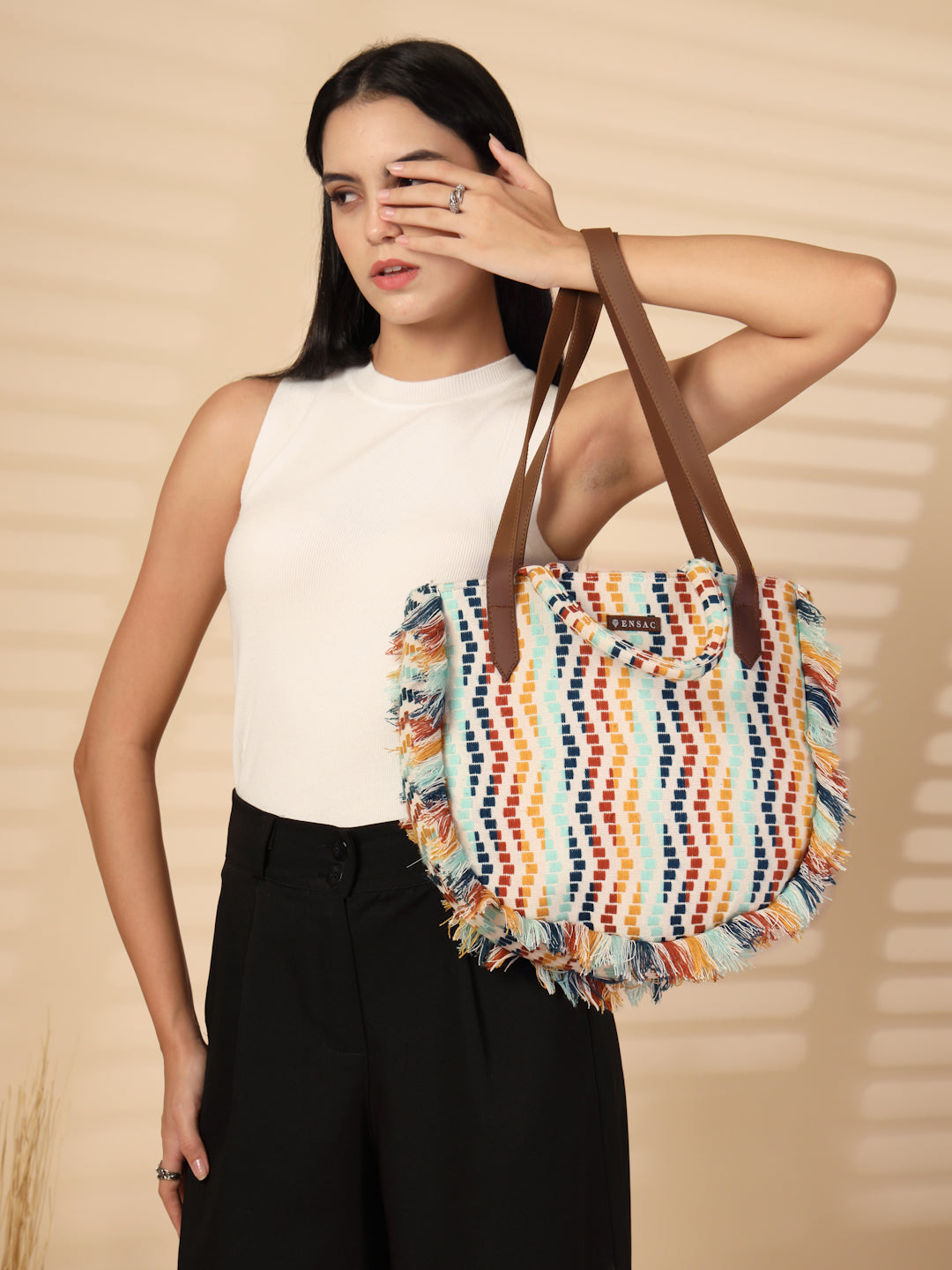Ensac Women's Fringed Canvas Bag | Boho Vibes Multicolor Shoulder & Tote Style