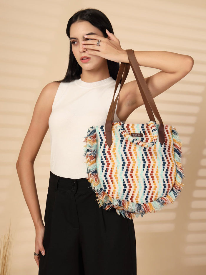 ENSAC Boho Fringed Multicolor Canvas Tote Bag for Women & Girls