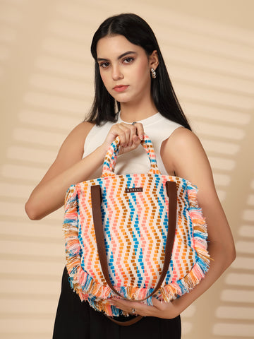 Ensac Women's Fringed Canvas Bag | Boho Vibes Multicolor Shoulder & Tote Style