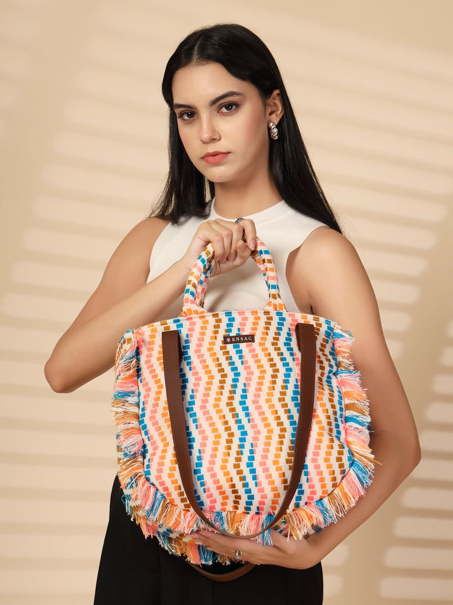 Ensac Women's Fringed Canvas Bag | Boho Vibes Multicolor Shoulder & Tote Style