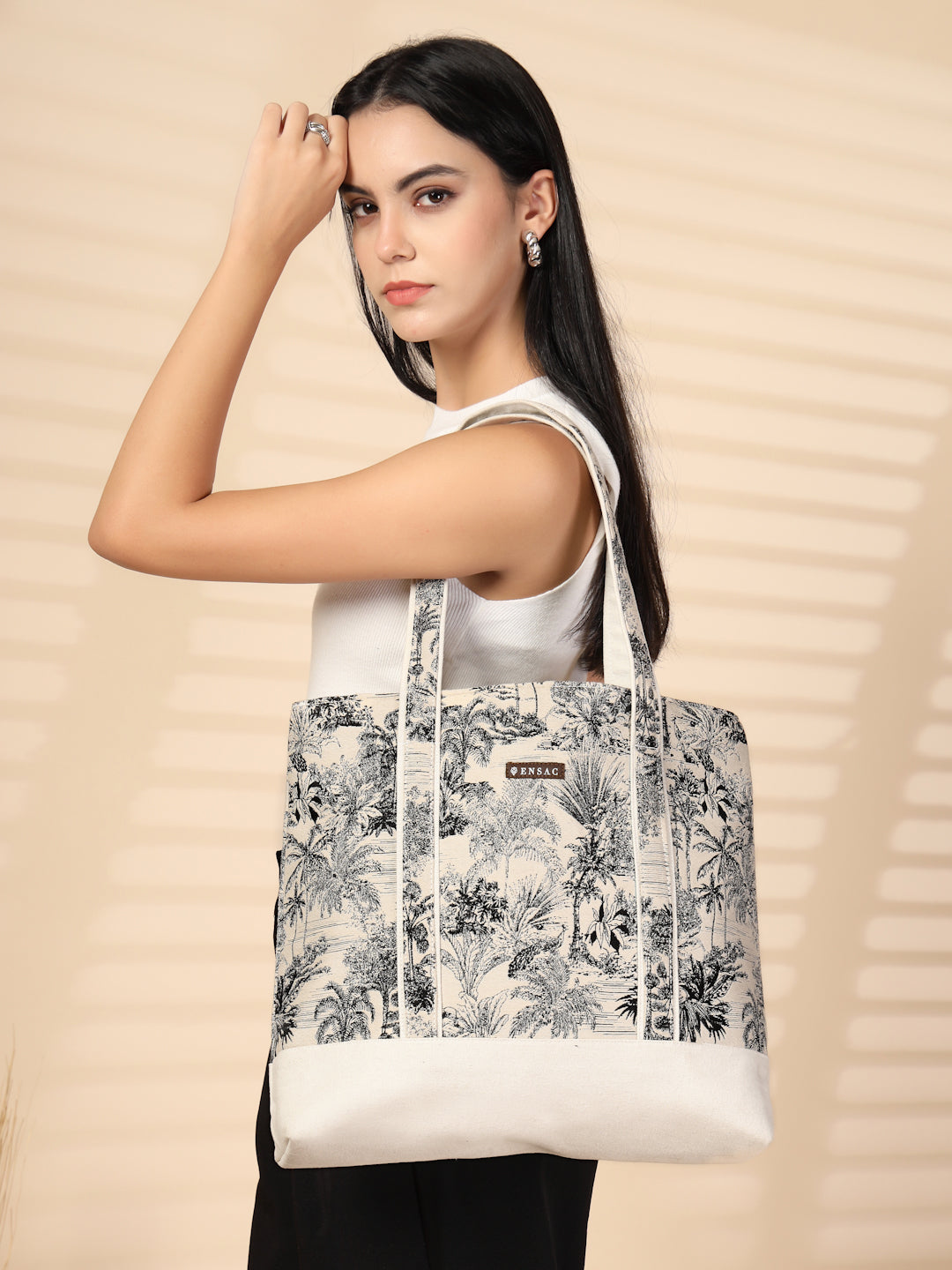 Ensac's Monochrome Print Tote Bag for Women | Nature-Inspired Stylish Handbag