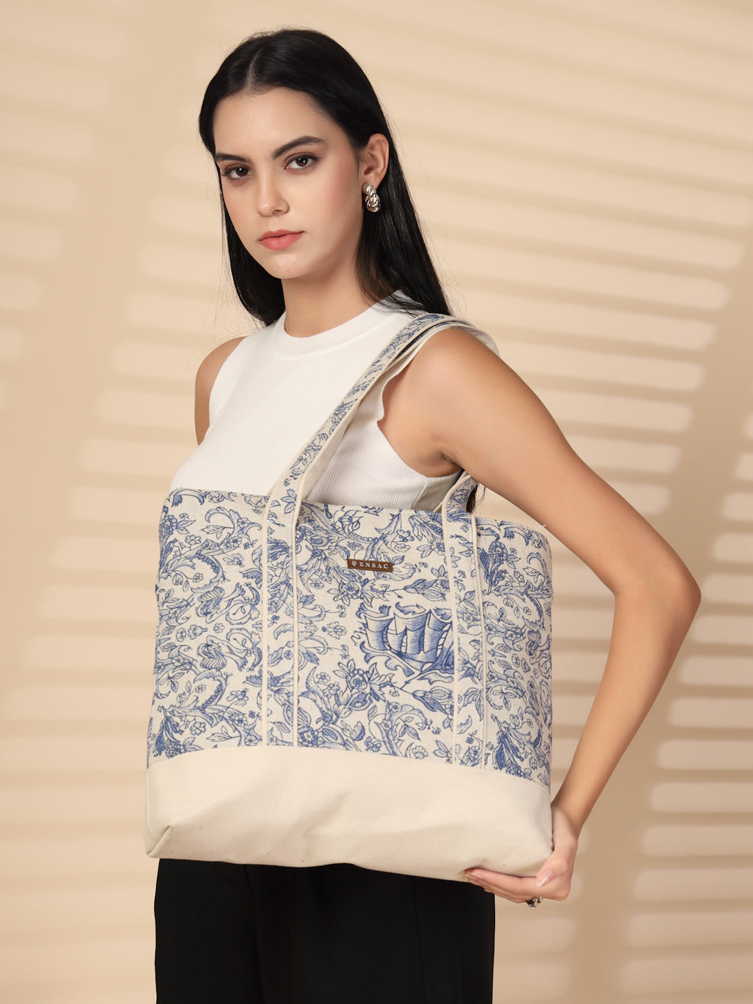 Ensac's Monochrome Print Tote Bag for Women | Nature-Inspired Stylish Handbag