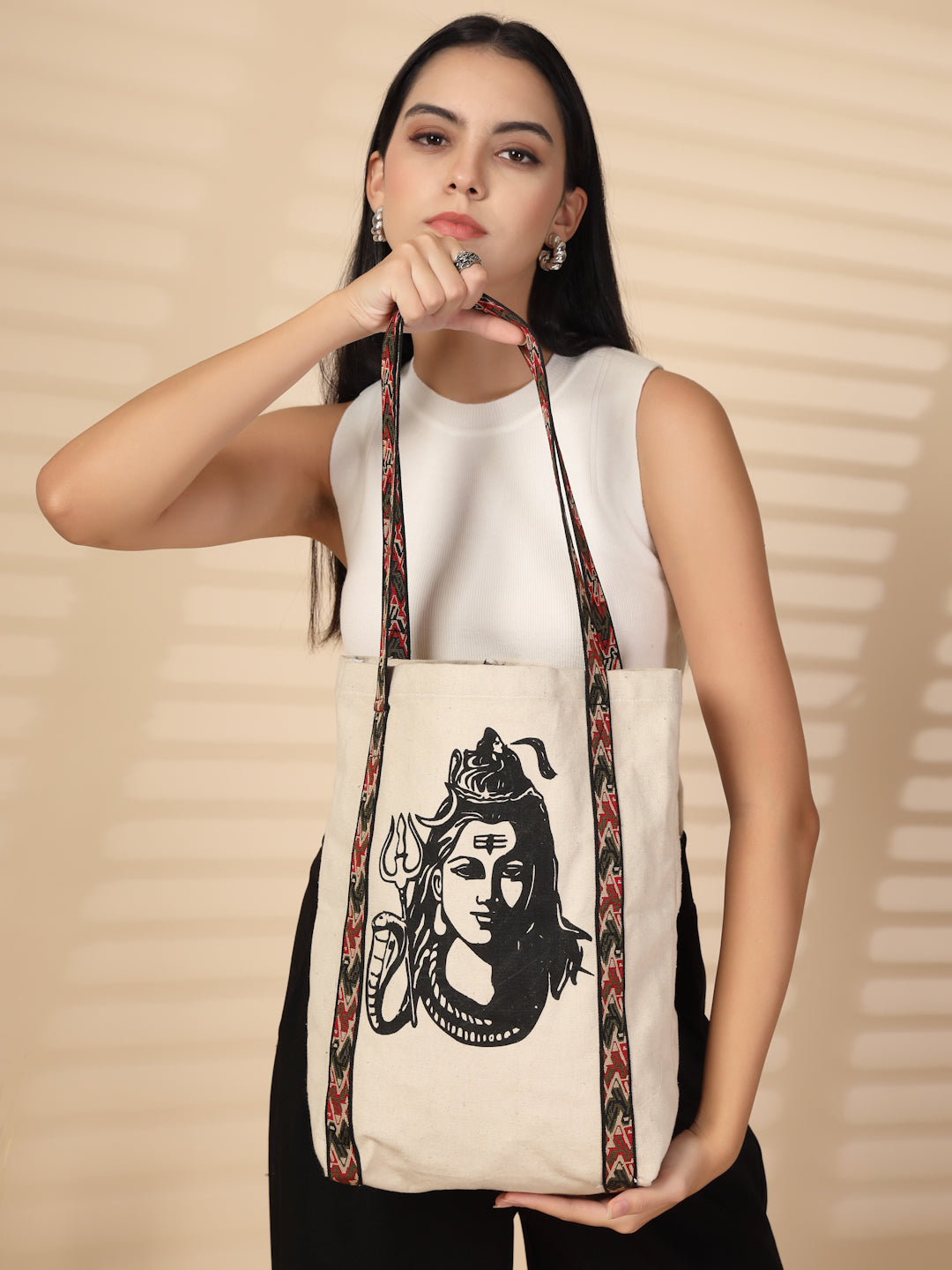 Ensac Stylish Canvas Shoulder Bag for Women | Lord Shiva Print Mahadev Bhakti Bag for Sawan, Shivratri, and Pilgrimage Tote for Daily Use