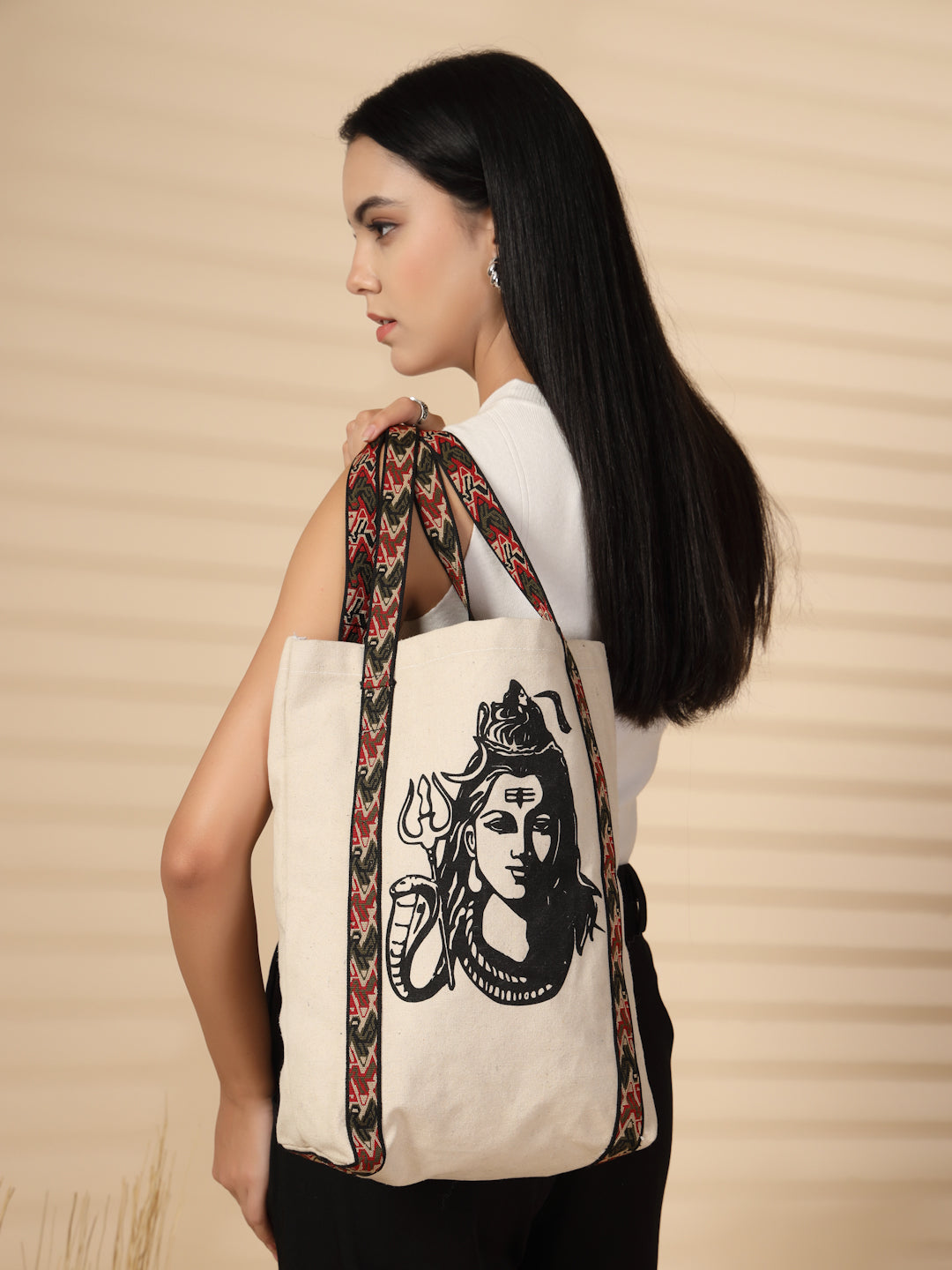 Ensac Stylish Canvas Shoulder Bag for Women | Lord Shiva Print Mahadev Bhakti Bag for Sawan, Shivratri, and Pilgrimage Tote for Daily Use