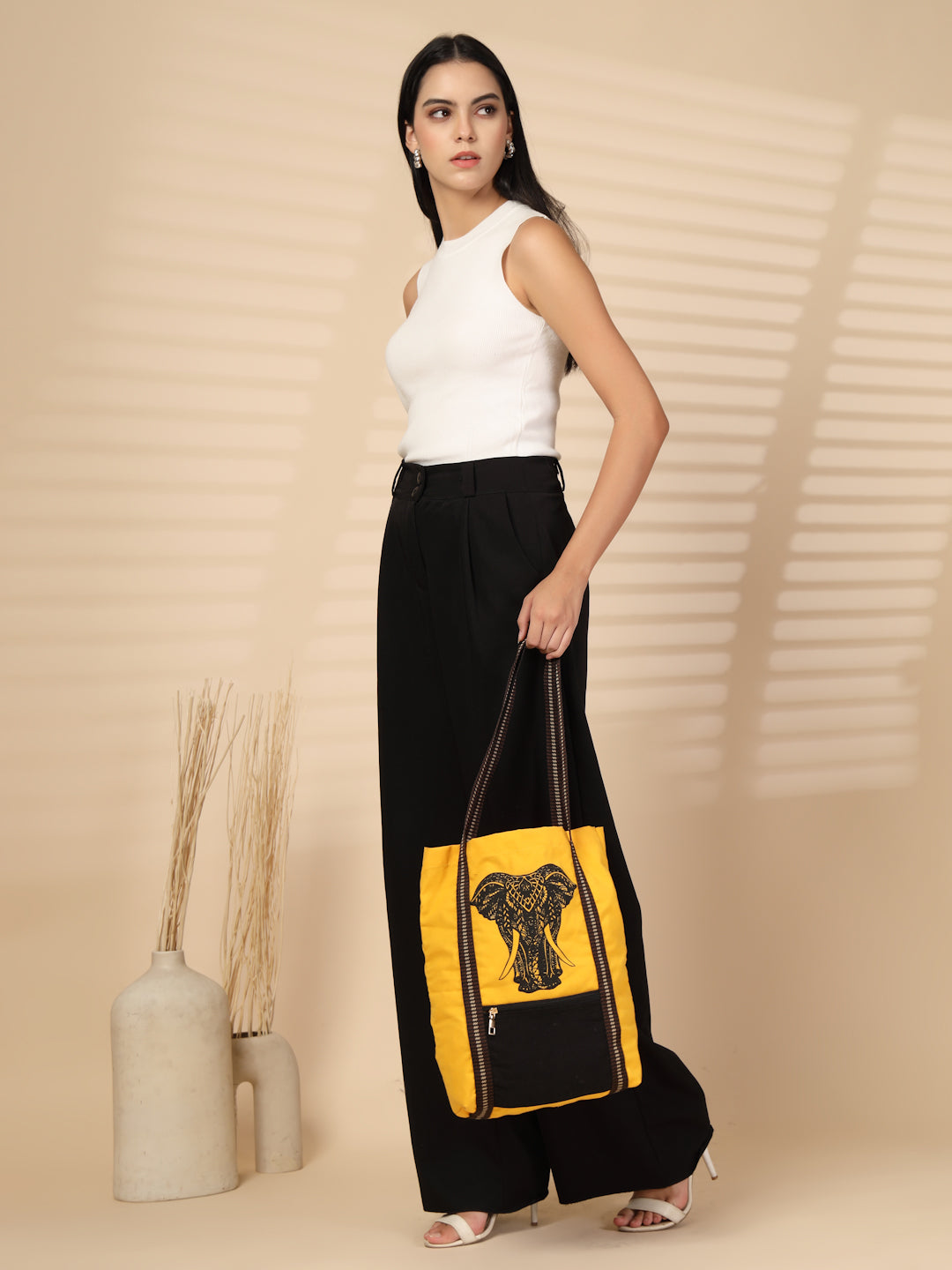 Ensac Tote Bag for Women | Ethnic Elephant Design, Spacious with Zip Pocket Front