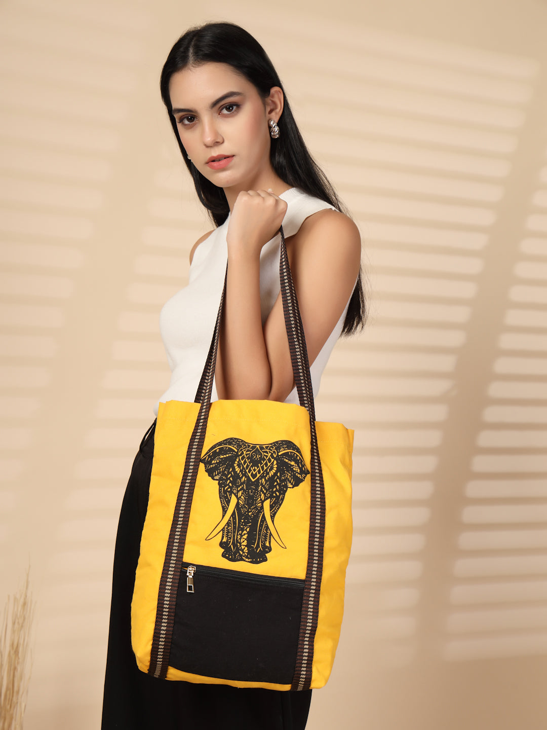 Ensac Tote Bag for Women | Ethnic Elephant Design, Spacious with Zip Pocket Front