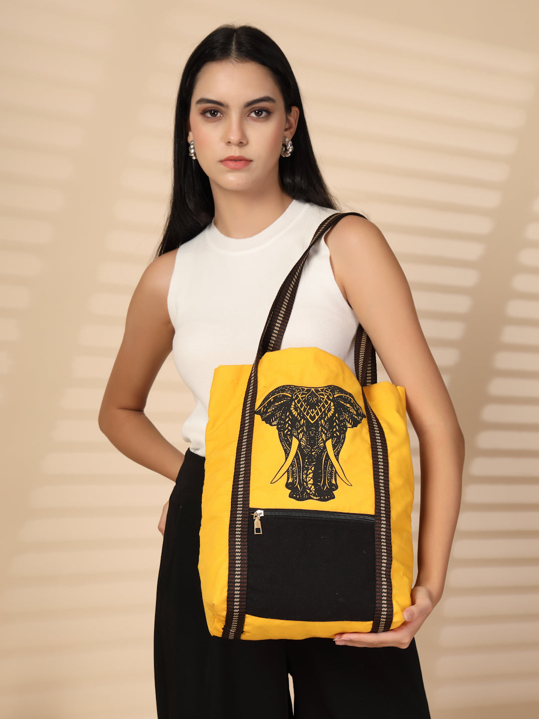 Ensac Tote Bag for Women | Ethnic Elephant Design, Spacious with Zip Pocket Front