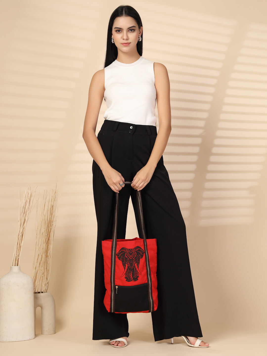 Ensac Tote Bag for Women | Ethnic Elephant Design, Spacious with Zip Pocket Front