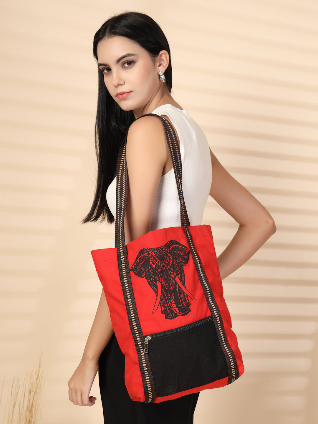 Ensac Tote Bag for Women | Ethnic Elephant Design, Spacious with Zip Pocket Front