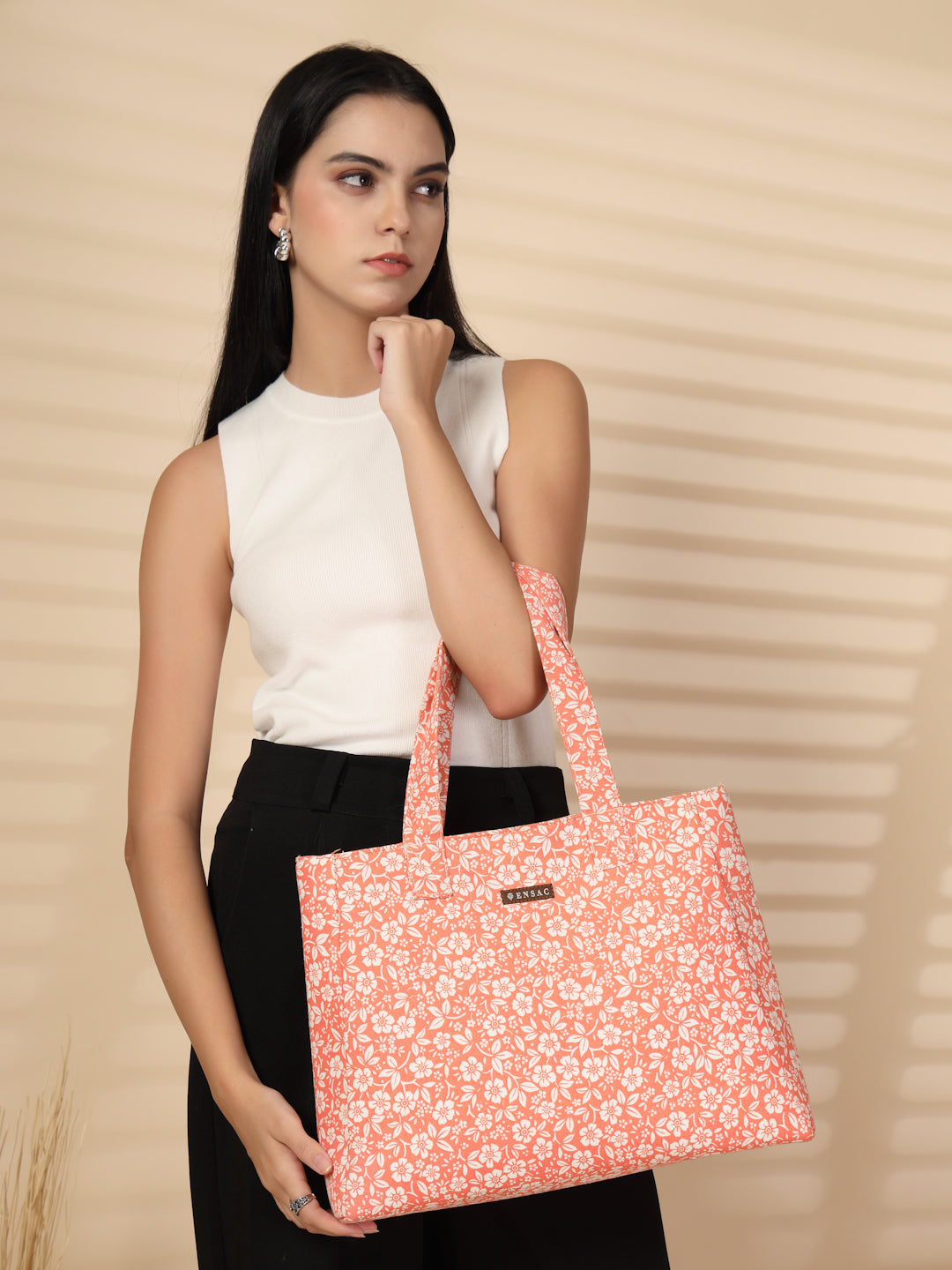 Ensac Women’s Floral Print Tote Bag | Lightweight Handbag with Zipper Closure