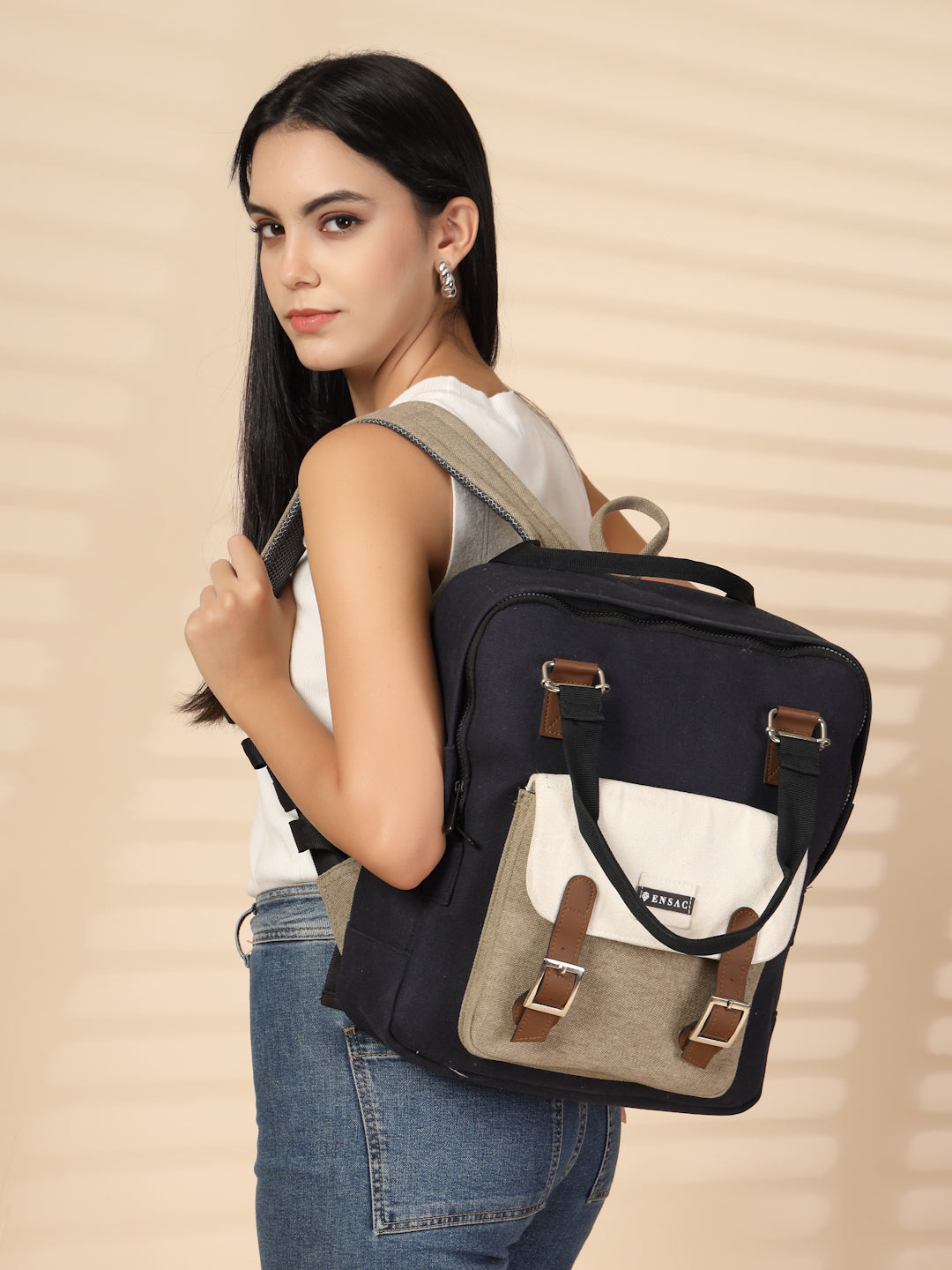 Ensac Women’s Trendy Floral Backpack | Elegant Jacquard Look with Smart Storage BACKPACK-CANVAS-POCKET-BLUEWHT