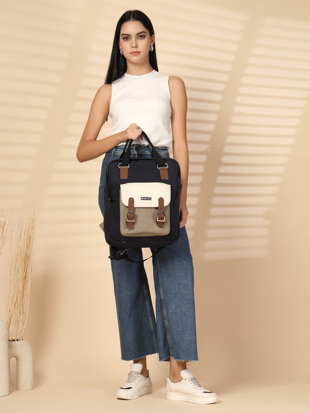 Ensac Women’s Trendy Floral Backpack | Elegant Jacquard Look with Smart Storage BACKPACK-CANVAS-POCKET-BLUEWHT