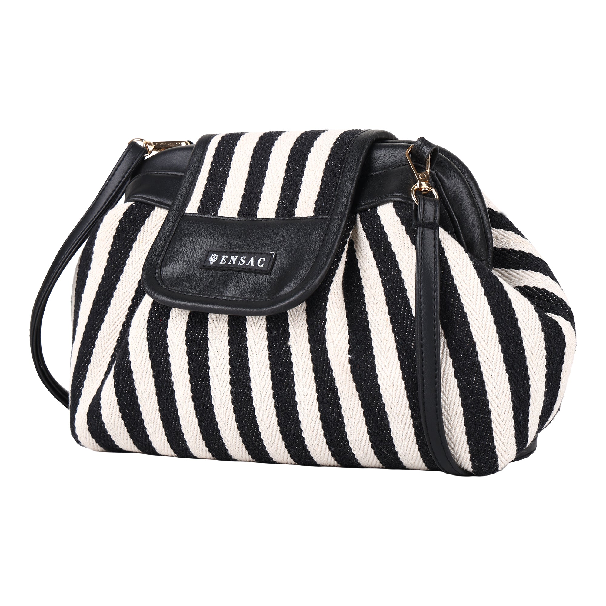 ENSAC Striped Clutch Sling Bag – Black & White  Crossbody with Flap
