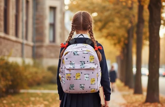 Girl with a patterned backpack walking down a street on a fall day BY ENSAC