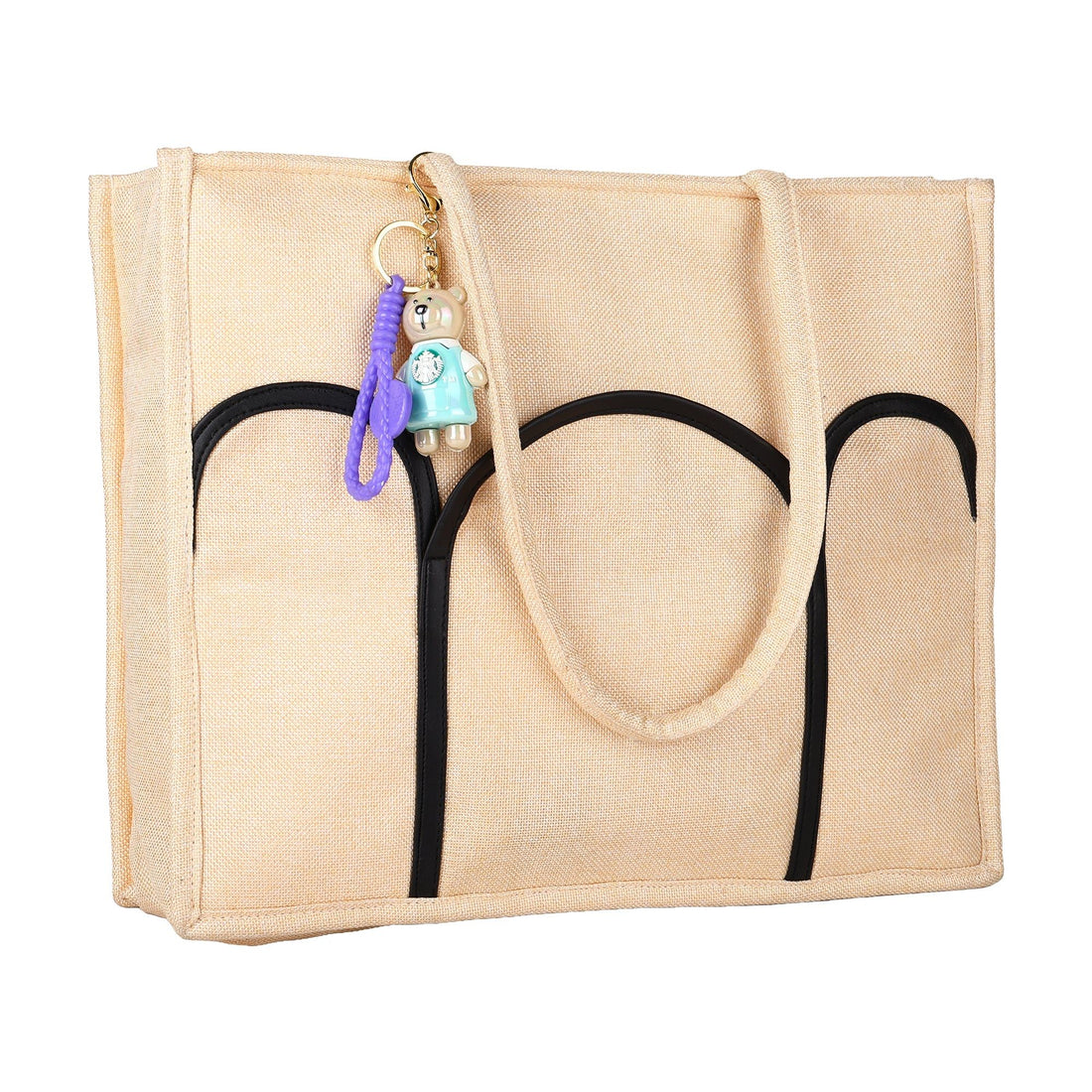 Beige Canvas Tote with Black Pockets | Women Shopper Bag ensacworld