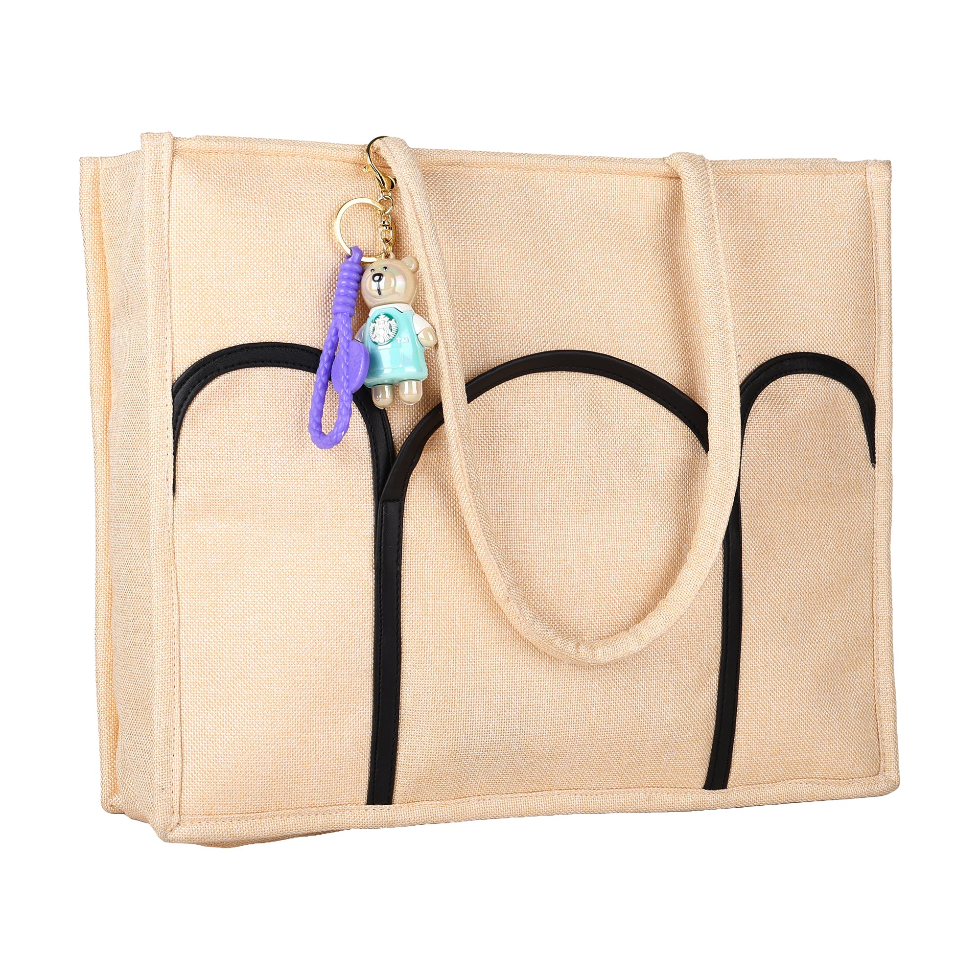 Beige Canvas Tote with Black Arch Pockets – Everyday Large Shopper for Women