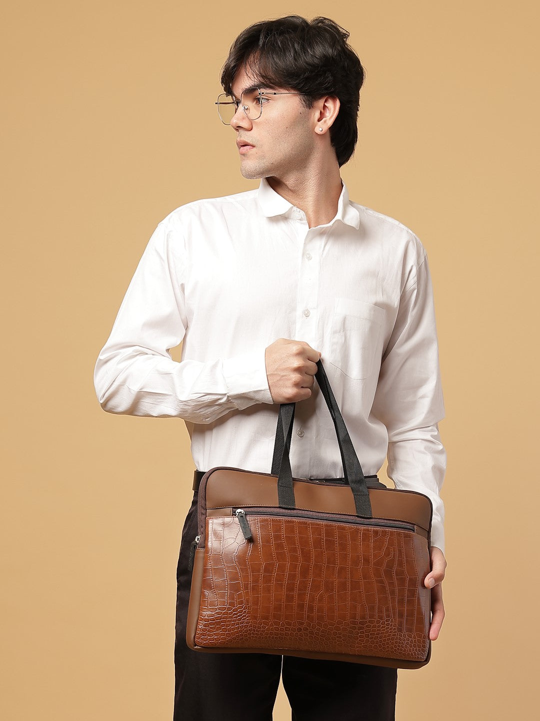 Ensac Brown Crocodile Sleeve Laptop Bag | Stylish Office & Travel Bag