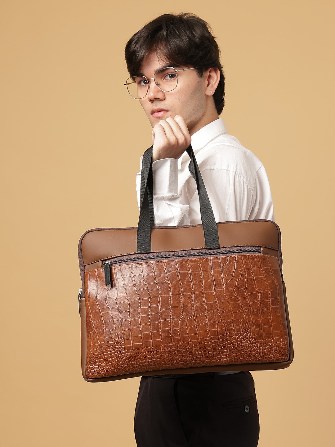 Ensac Brown Crocodile Sleeve Laptop Bag | Stylish Office & Travel Bag