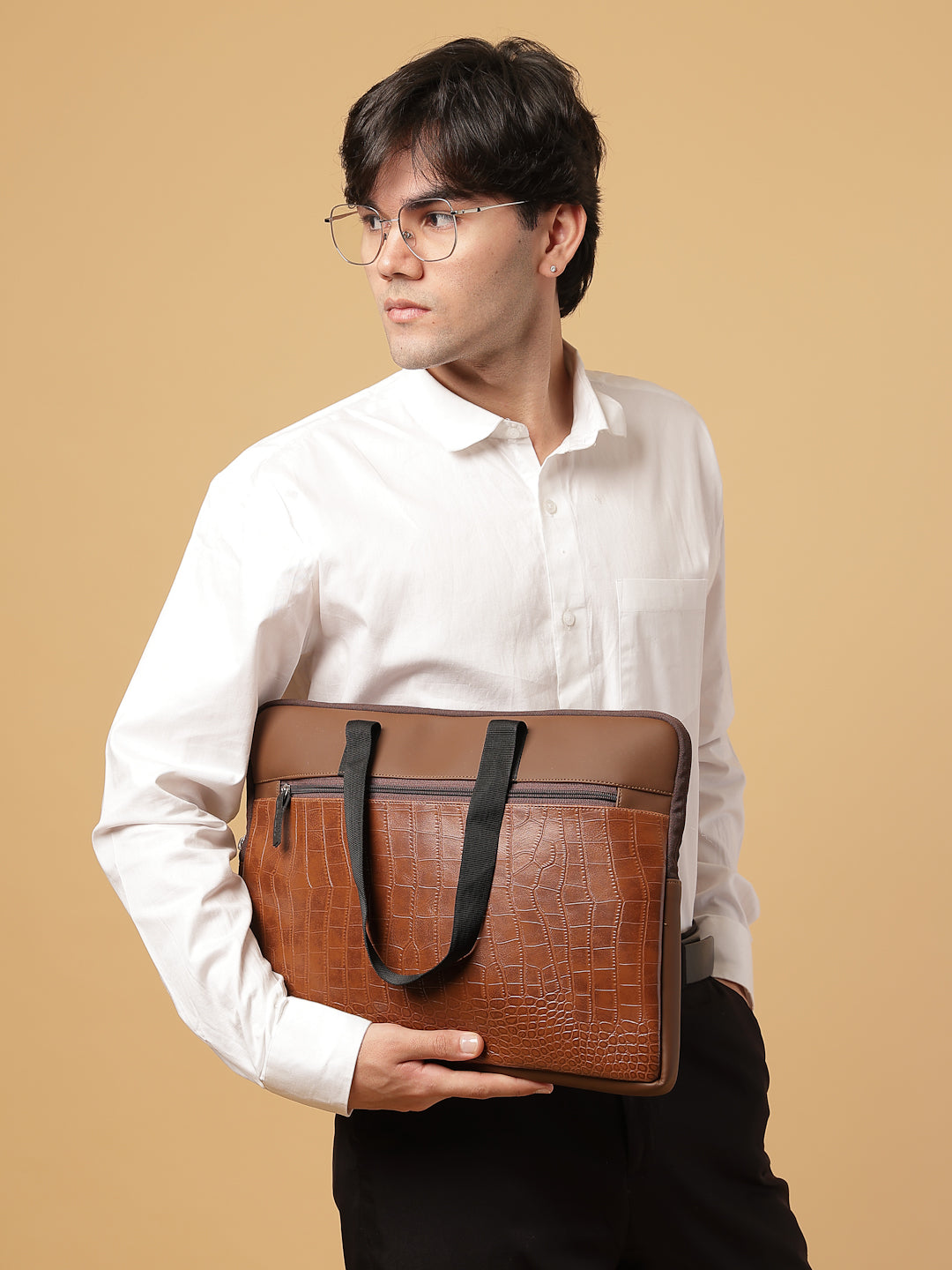 Ensac Brown Crocodile Sleeve Laptop Bag | Stylish Office & Travel Bag