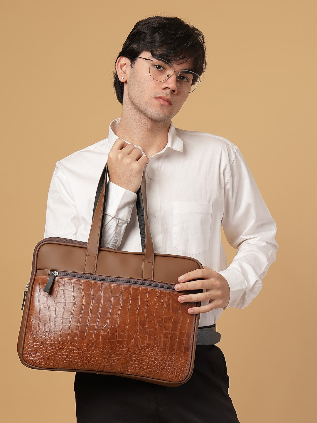 Ensac Brown Crocodile Sleeve Laptop Bag | Stylish Office & Travel Bag