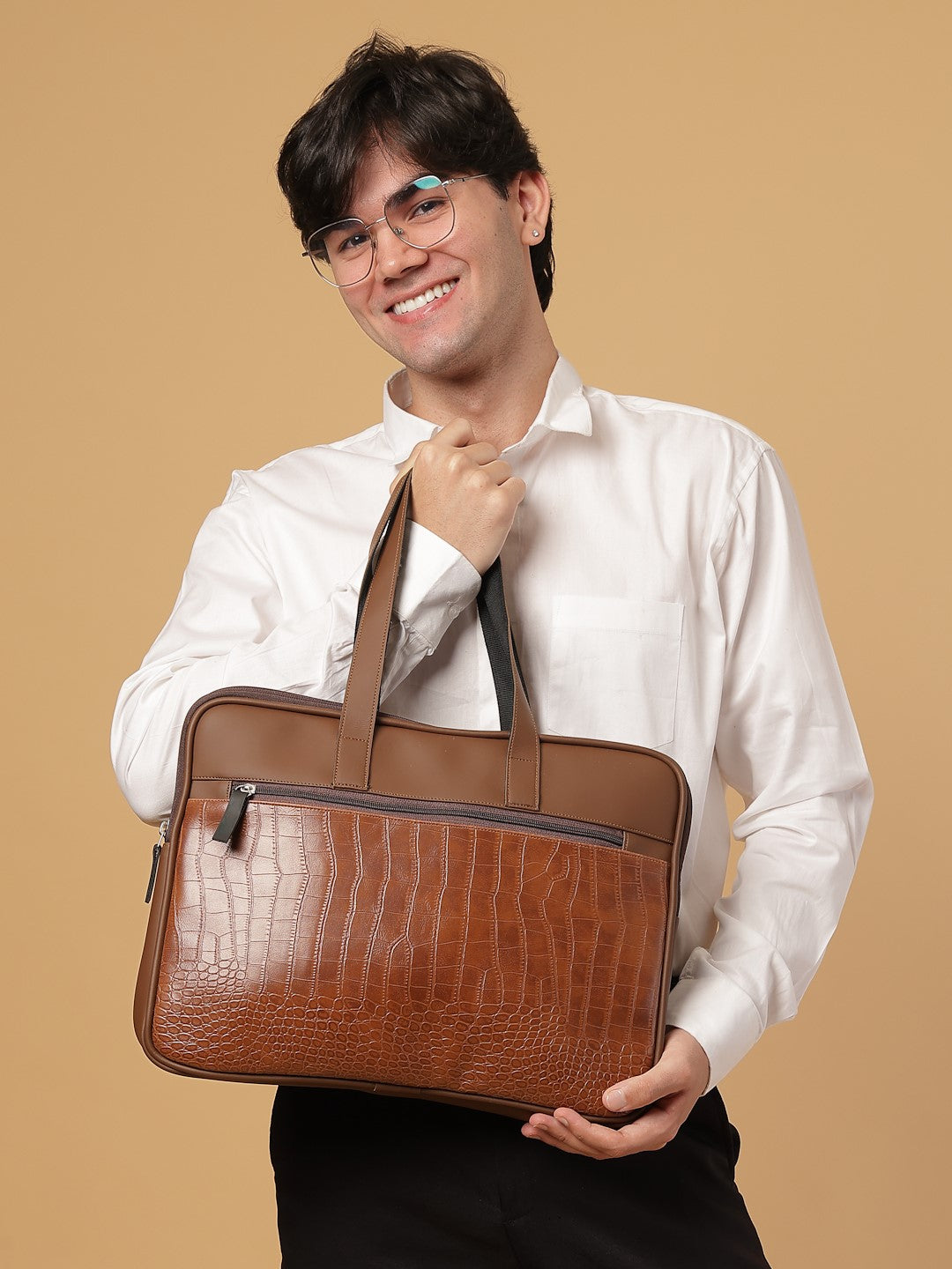 Ensac Brown Crocodile Sleeve Laptop Bag | Stylish Office & Travel Bag