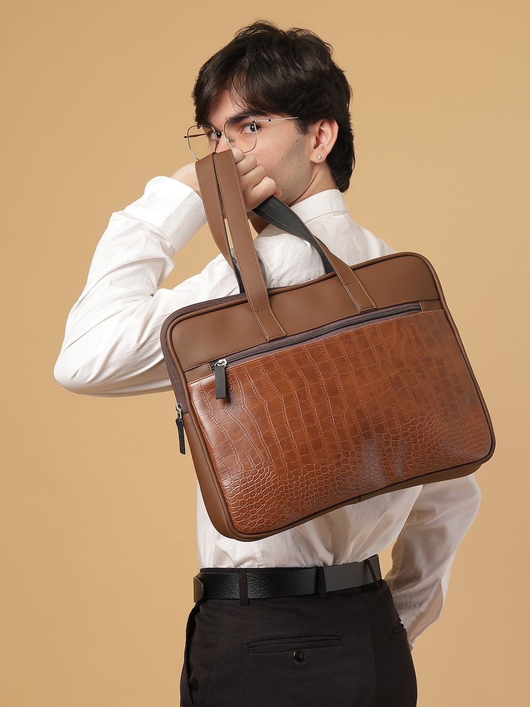 Ensac Brown Crocodile Sleeve Laptop Bag | Stylish Office & Travel Bag