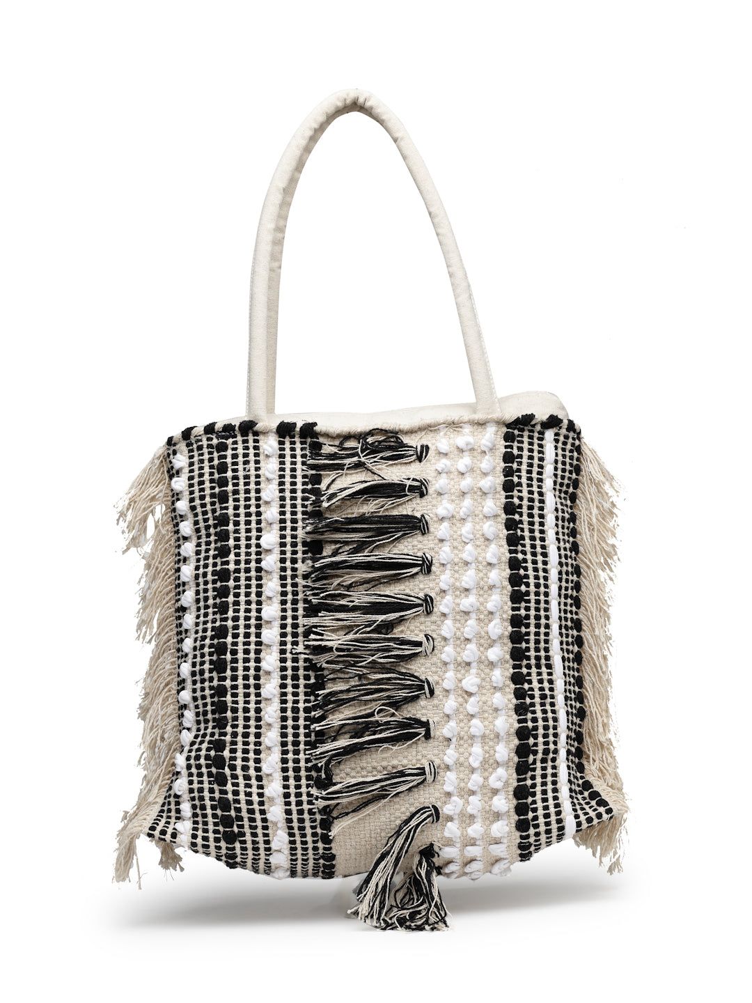 Ensac Boho Tote Bag for Women | Woven Texture with Fringe & Striped Design