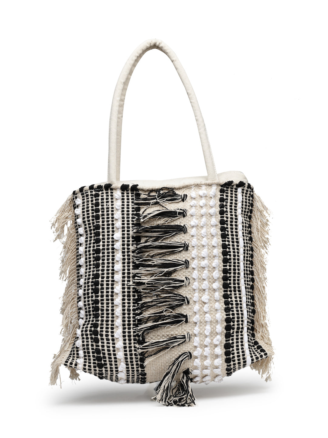 Ensac Boho Tote Bag for Women | Woven Texture with Fringe & Striped Design