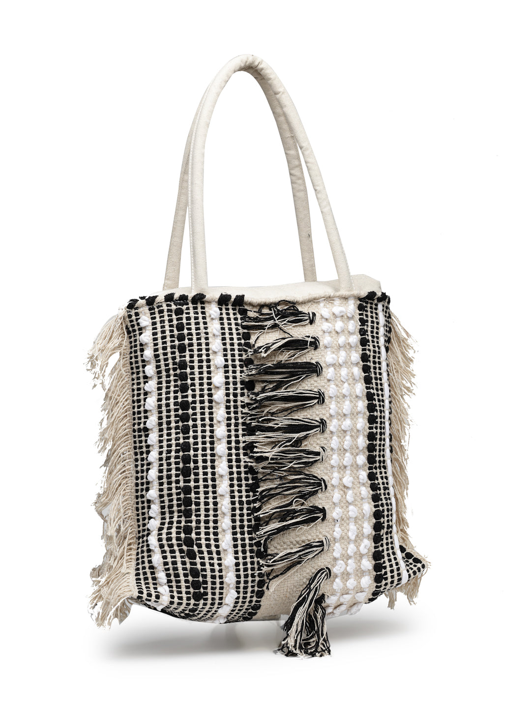 Ensac Boho Tote Bag for Women | Woven Texture with Fringe & Striped Design