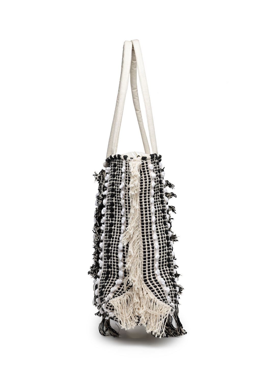 Ensac Boho Tote Bag for Women | Woven Texture with Fringe & Striped Design