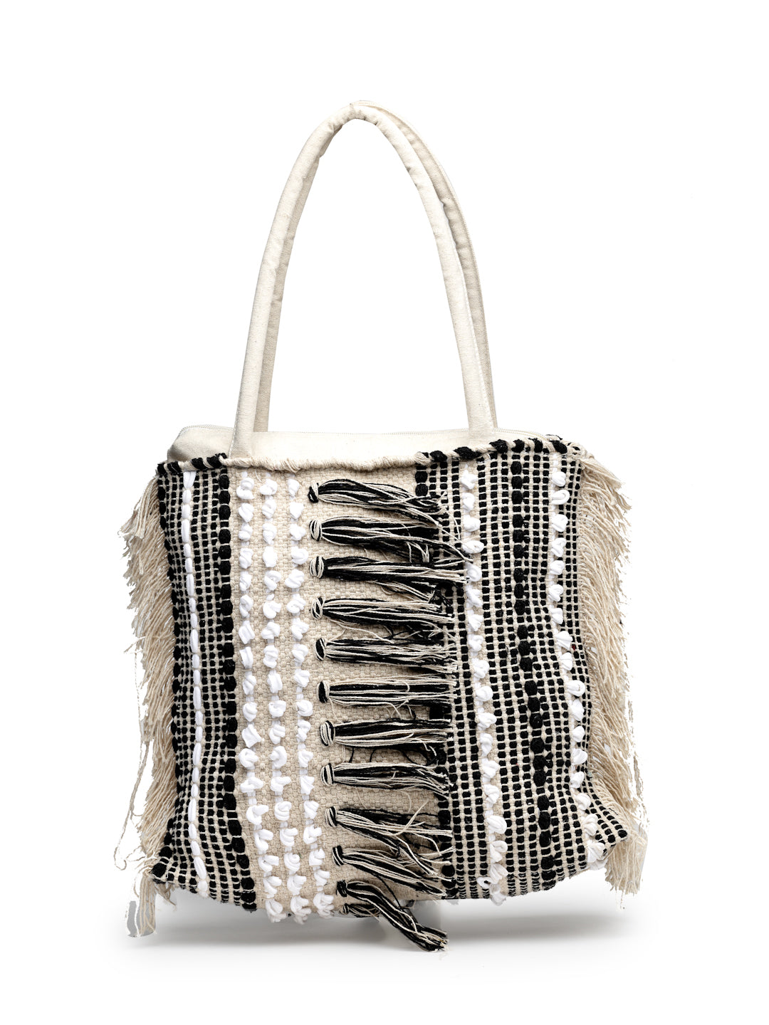 Ensac Boho Tote Bag for Women | Woven Texture with Fringe & Striped Design