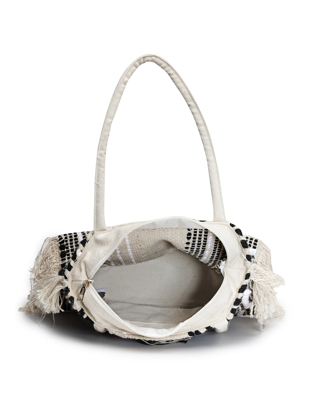Ensac Boho Tote Bag for Women | Woven Texture with Fringe & Striped Design
