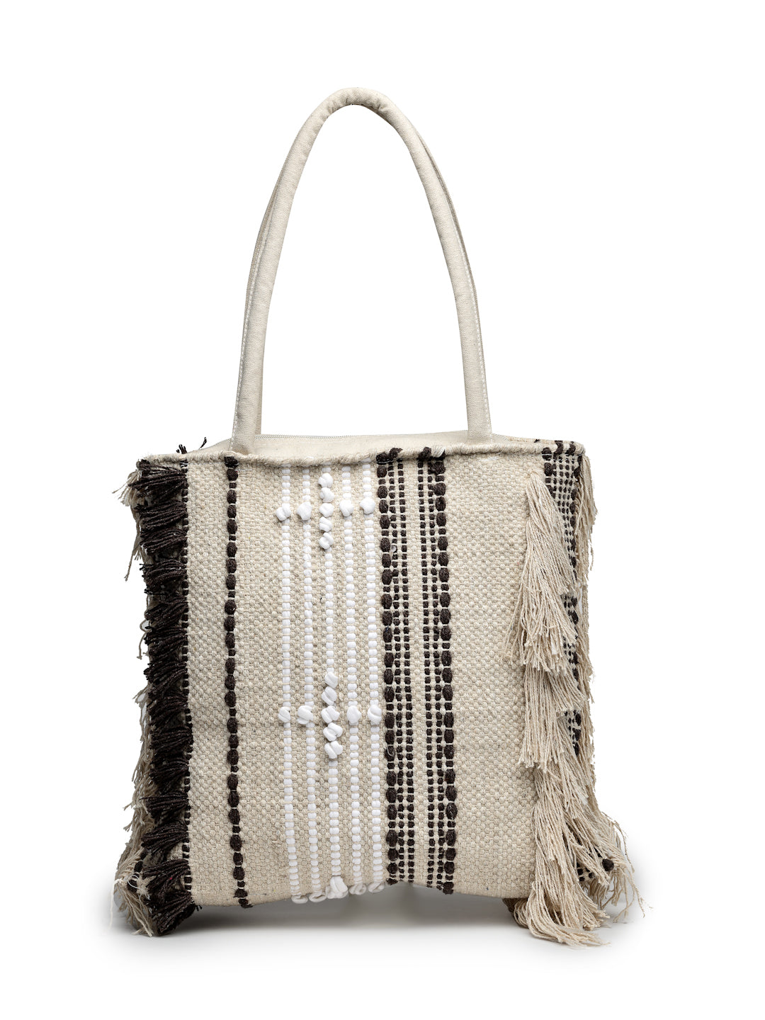 Ensac Boho Tote Bag for Women | Woven Texture with Fringe & Striped Design