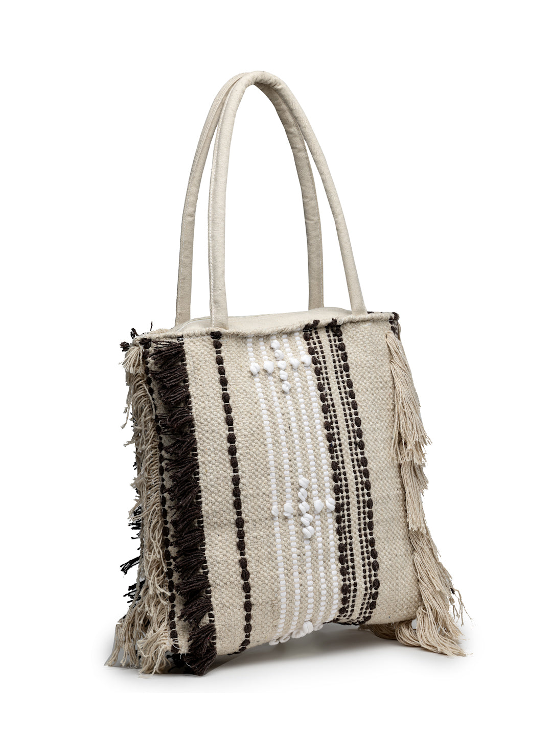 Ensac Boho Tote Bag for Women | Woven Texture with Fringe & Striped Design
