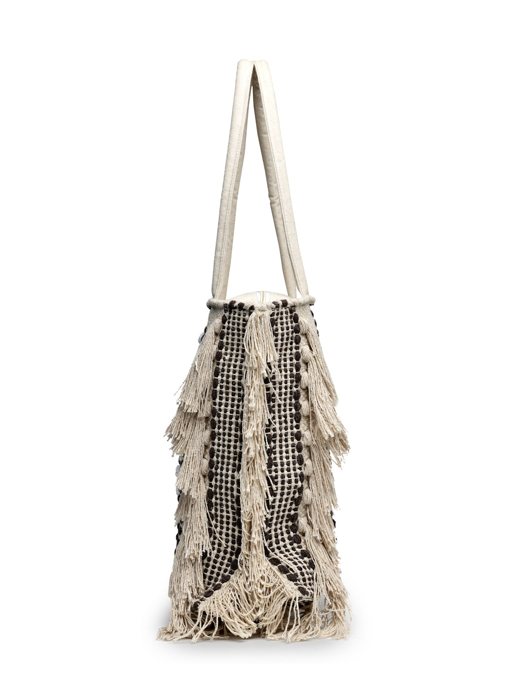 Ensac Boho Tote Bag for Women | Woven Texture with Fringe & Striped Design