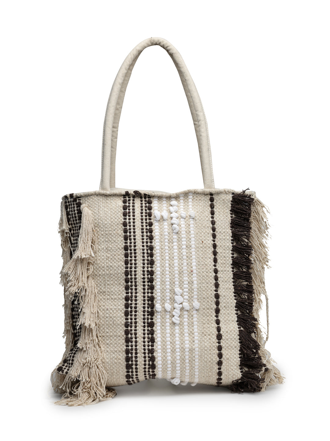 Ensac Boho Tote Bag for Women | Woven Texture with Fringe & Striped Design