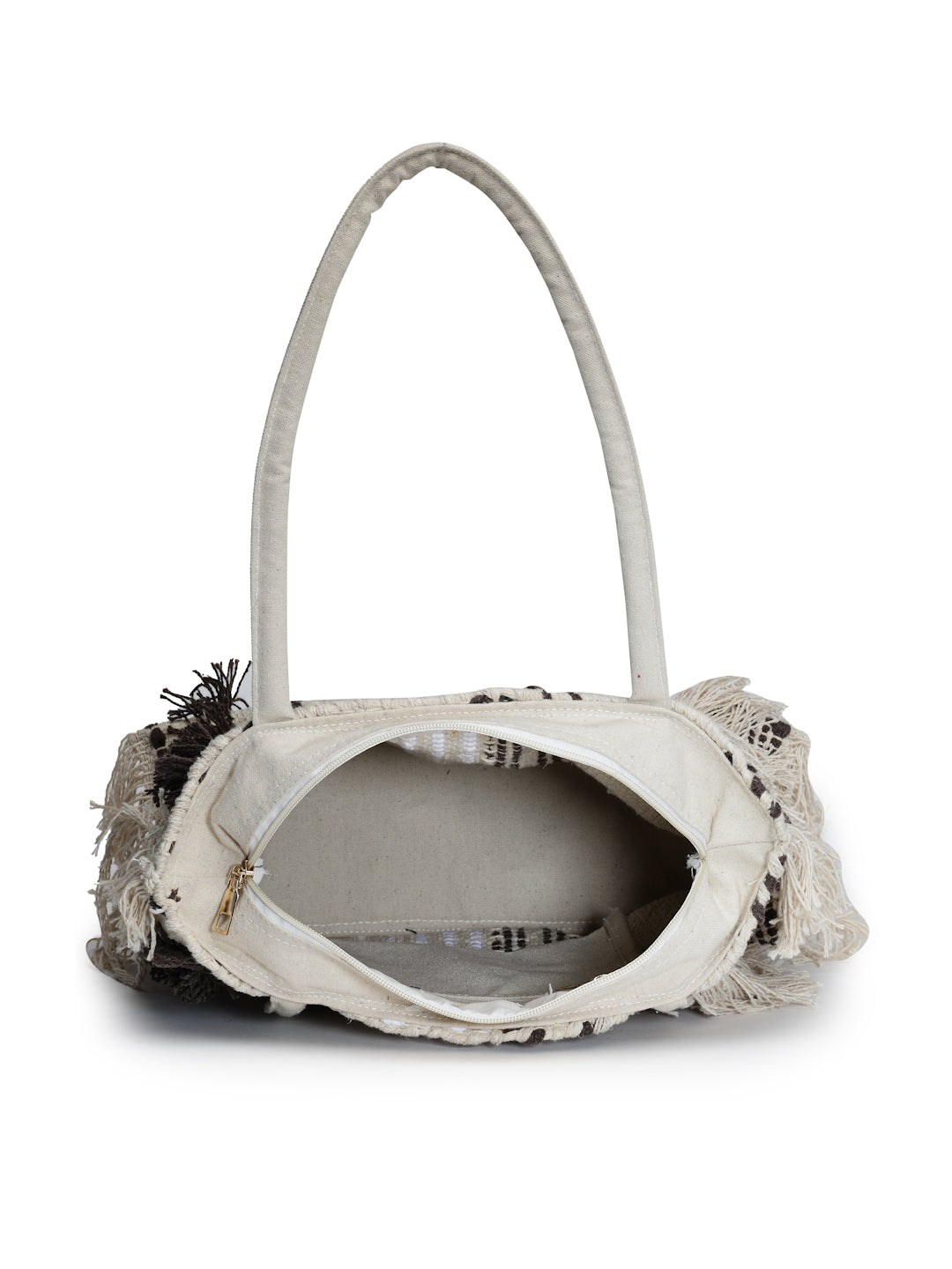 Ensac Boho Tote Bag for Women | Woven Texture with Fringe & Striped Design