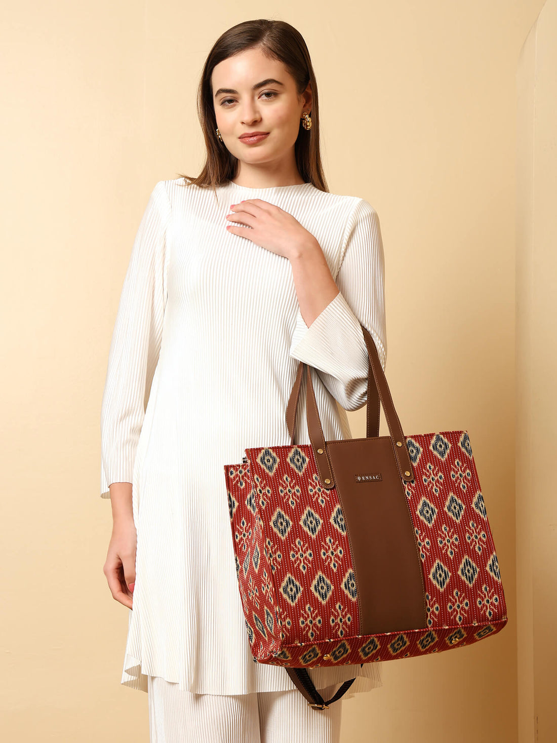 ENSAC Alexa Ikkat Printed Large Tote Bag for Women – Red