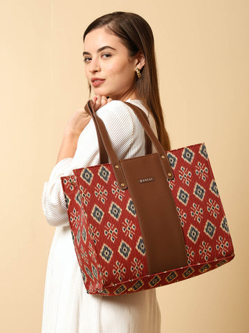 ENSAC Alexa Ikkat Printed Large Tote Bag for Women – Red