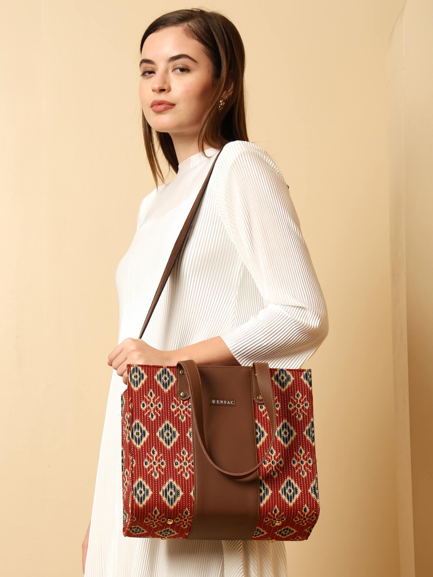 ENSAC Alexa Ikkat Printed Small Tote Bag for Women – Red