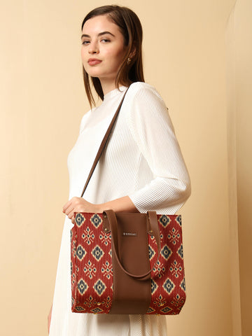 ENSAC Alexa Ikkat Printed Small Tote Bag for Women – Red