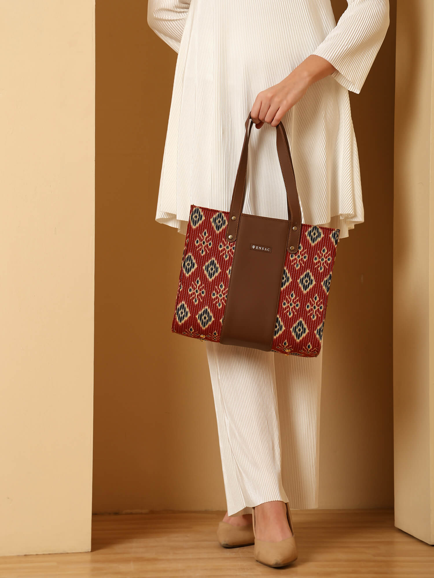 ENSAC Alexa Ikkat Printed Small Tote Bag for Women – Red