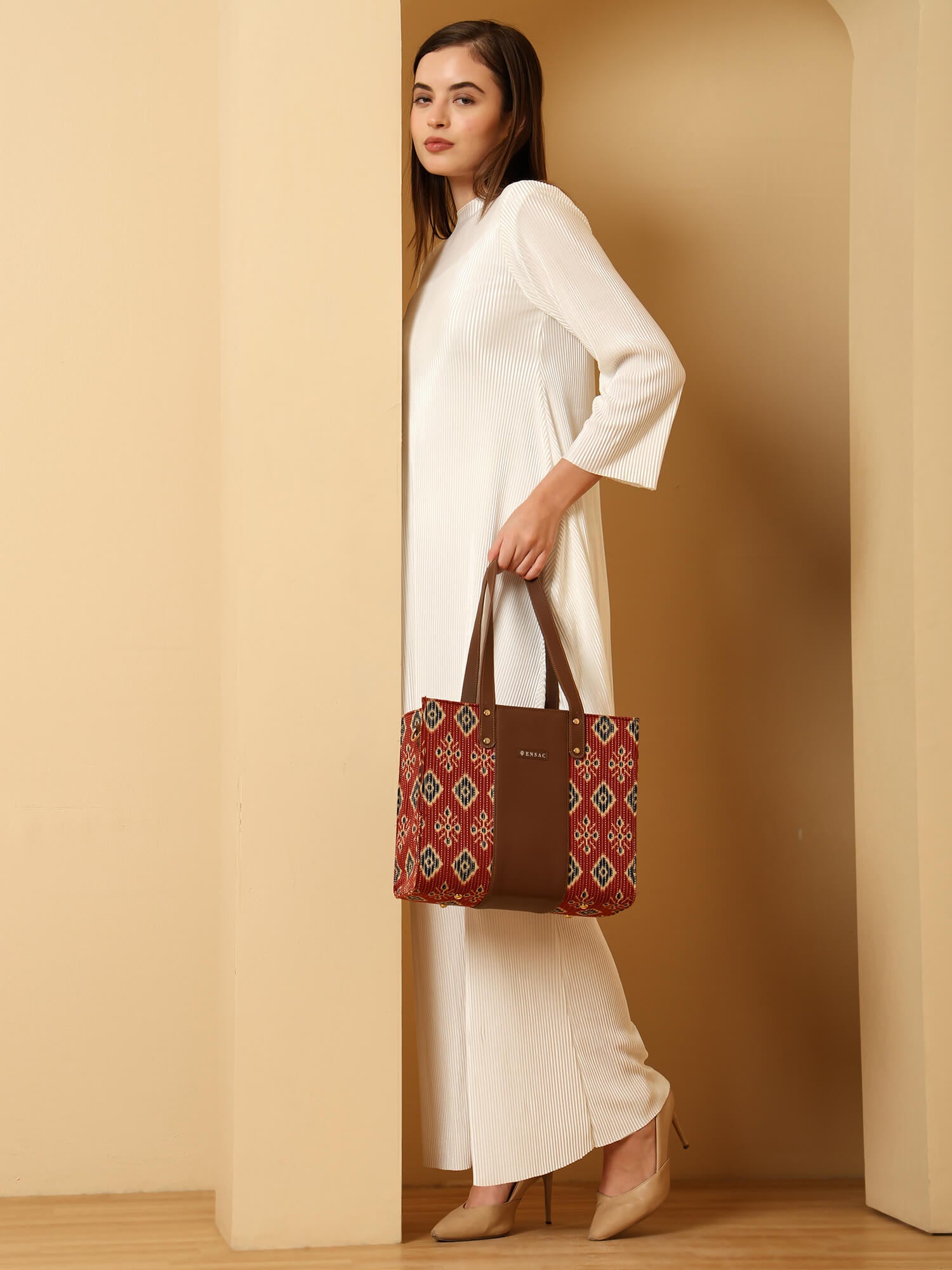 ENSAC Alexa Ikkat Printed Small Tote Bag for Women – Red