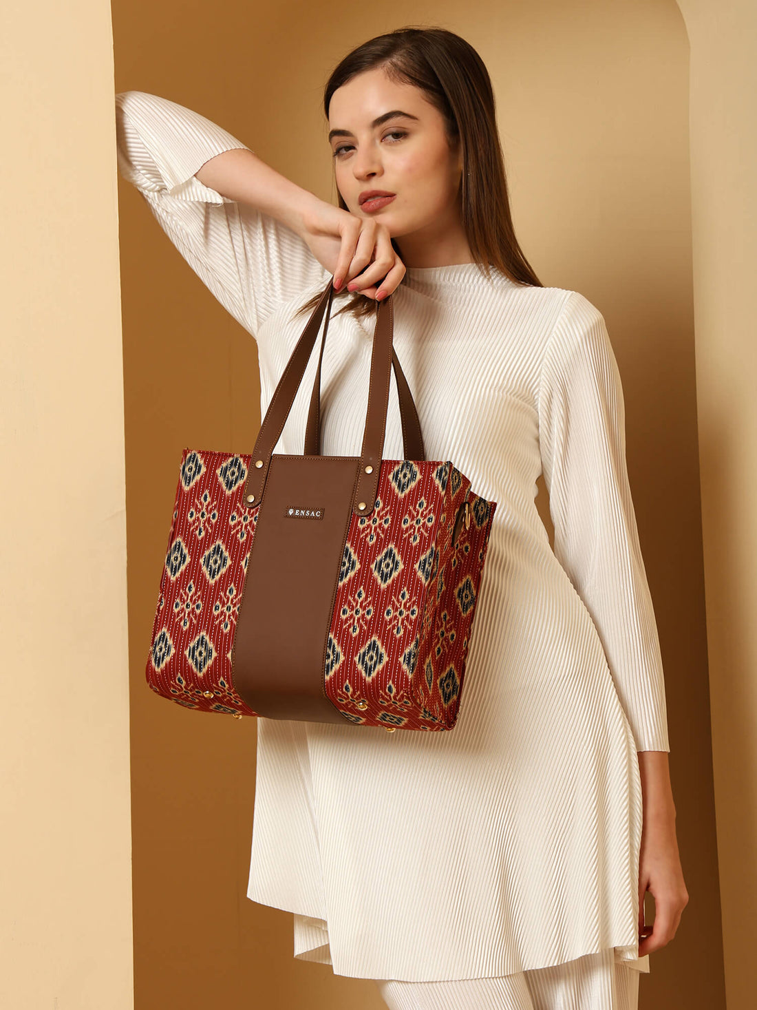 ENSAC Alexa Ikkat Printed Small Tote Bag for Women – Red