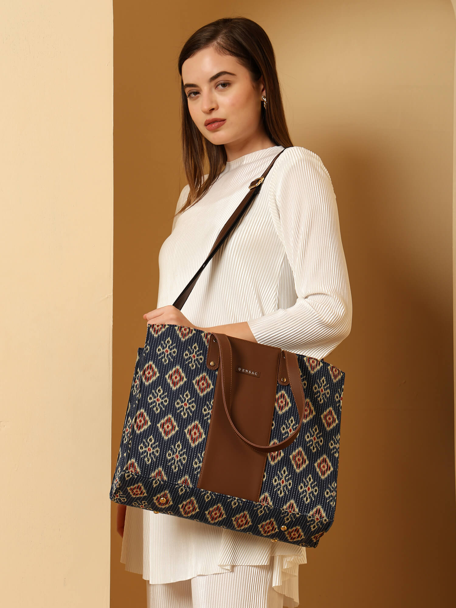ENSAC Alexa Ikkat Blue Large Tote Bag – Stylish & Spacious Shoulder Bag for Women